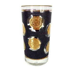 Vintage Libbey 60s MCM Black Gold Old World Coin Highball Tumbler Barware Glass